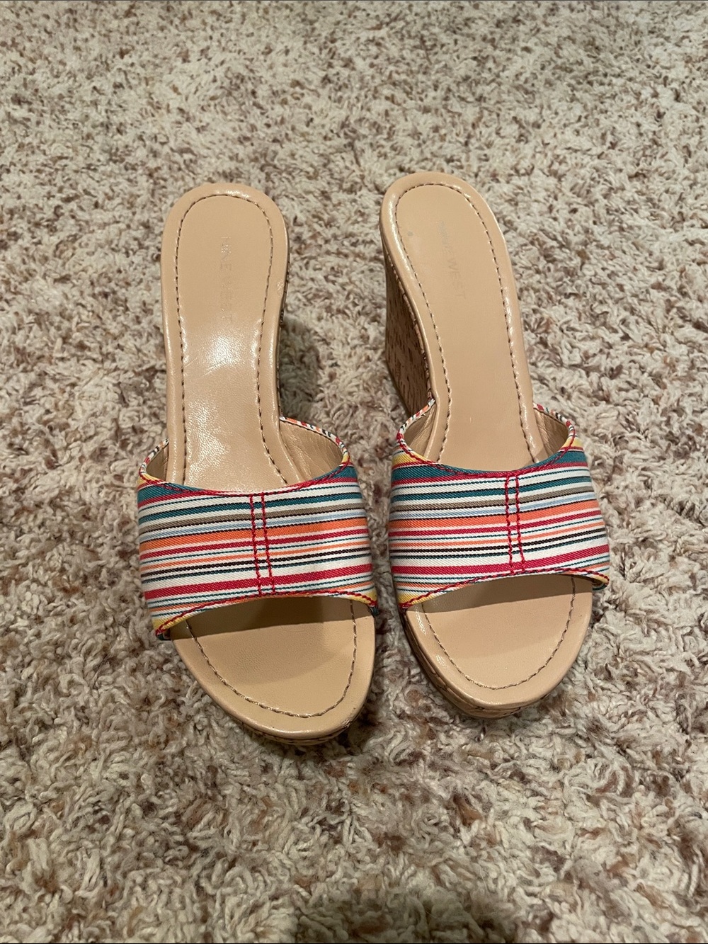 Nine West Multi-Stripe Slide Wedge Sandals in Tan and Multicolor